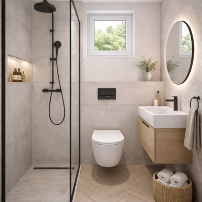 Moderne Badezimmer mit Dusche und Toilette