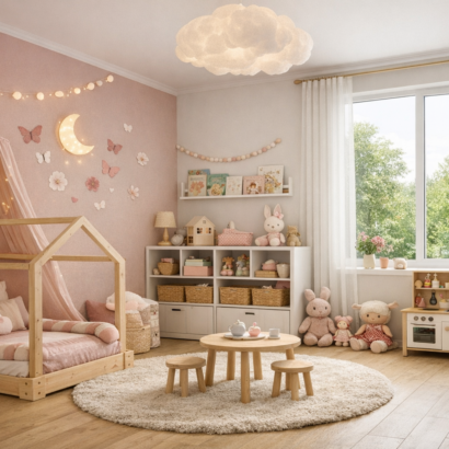 Helles, gemütliches Kinderzimmer mit Dekoration.