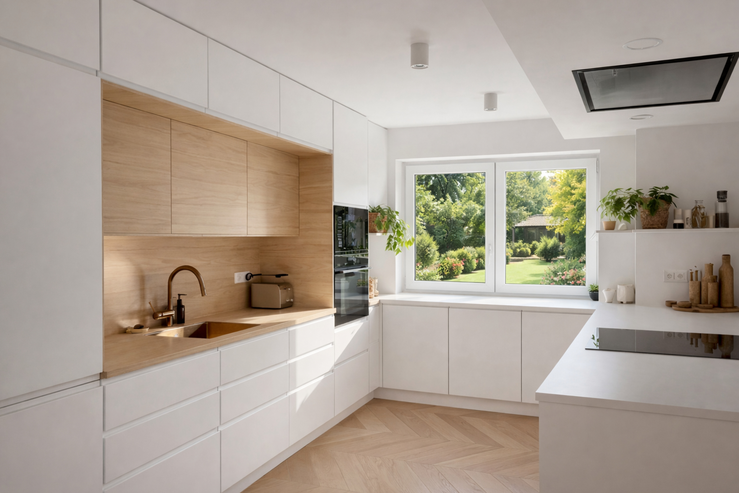 Moderne Küche mit Holzdetails und Fenster